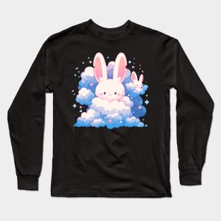 Cute Baby Bunny Rabbits Floating In The Fluffy Clouds Long Sleeve T-Shirt